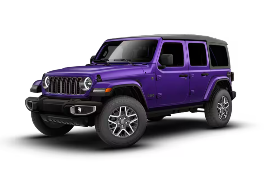 Purple four-door Jeep Wrangler exterior shown for comparison