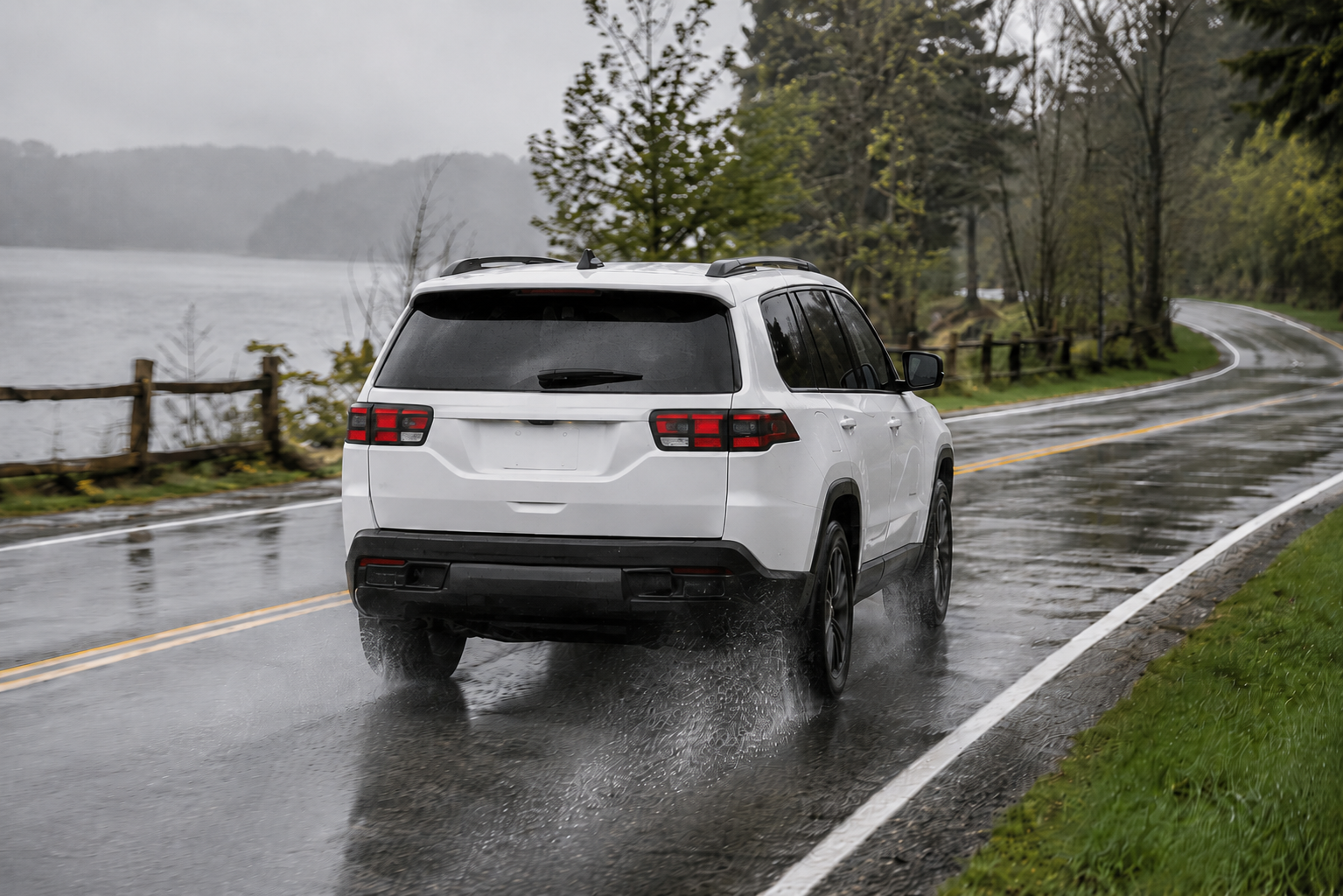 Jeep driving along a wet Michigan road during rainy weather