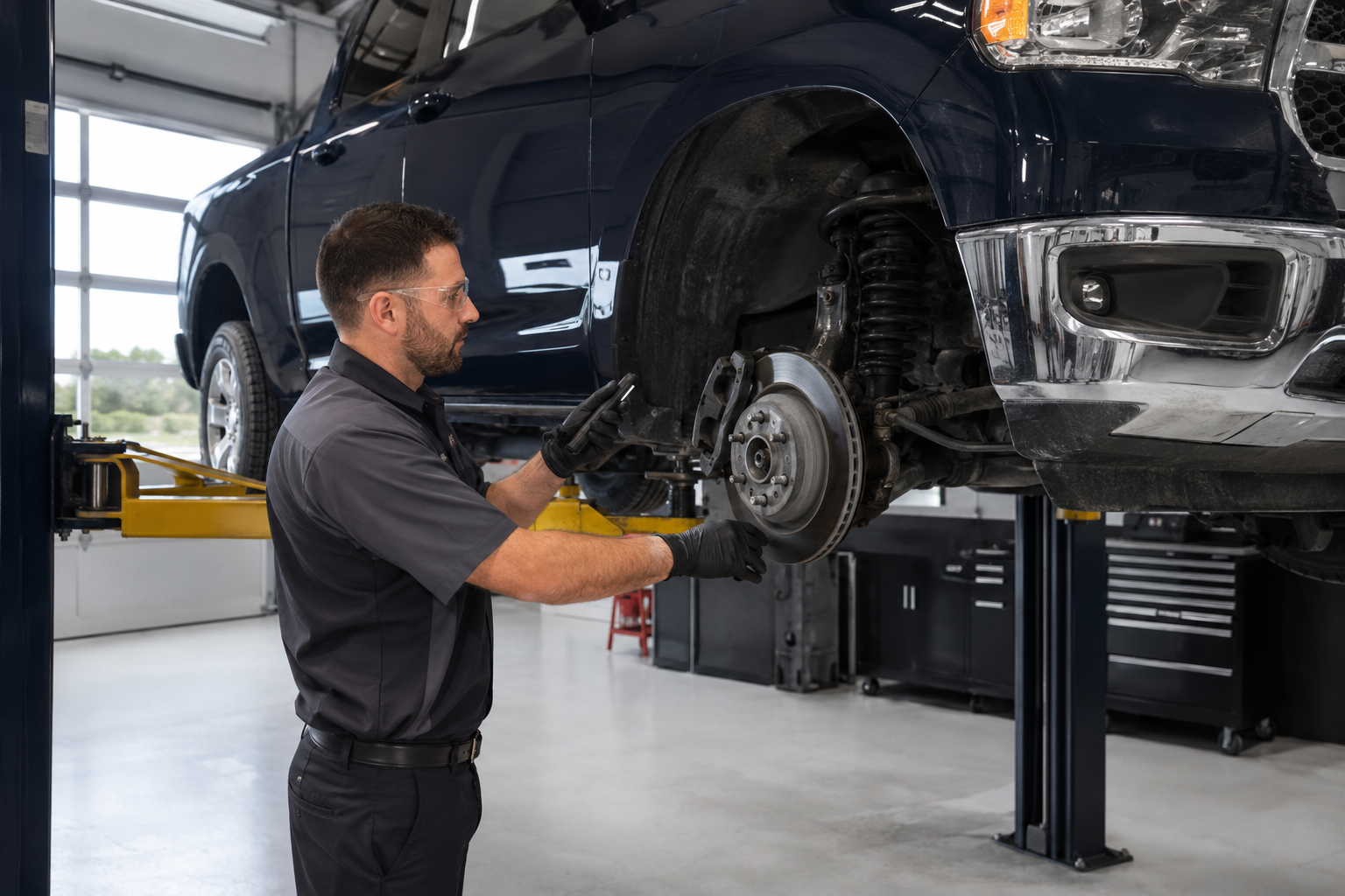 Dealership technician inspecting the brake system on a vehicle raised on a service lift